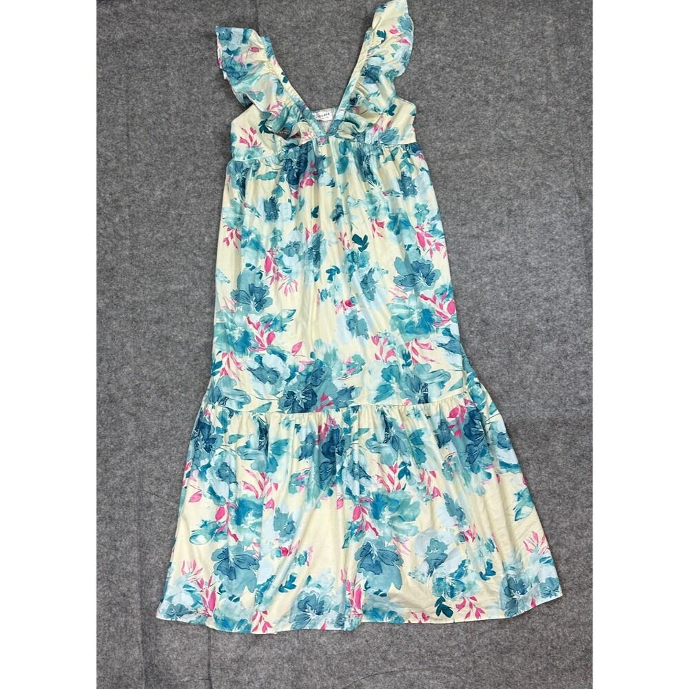 First Love By Lovelyn Women's Large Floral V-Neck Ruffle Tiered Maxi Dress Blue